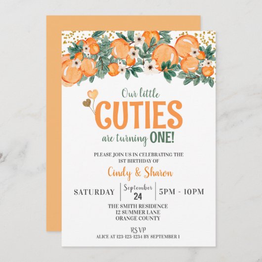 サマーツインズ1stバースデーオレンジガールズ誕生日 招待状 (正面/裏面)