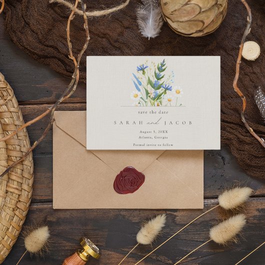 サマーデイジーブルーフローラボタニカル結婚ズ セーブザデート