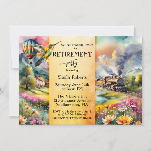 サマートレイン水の色の旅行退職パーティー 招待状 (正面)