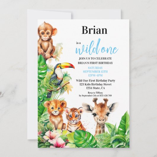 サマートロピカルジャングルサファリワイルドワン誕生日 招待状 (正面)