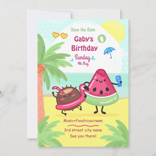 サマートロピカルビーチパーティー誕生日 招待状 (正面)