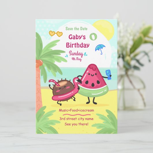 サマートロピカルビーチパーティー誕生日 招待状 (スタンド正面)