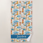 サマードッグカラフルパタパーソナライズされたーン ビーチタオル (正面)