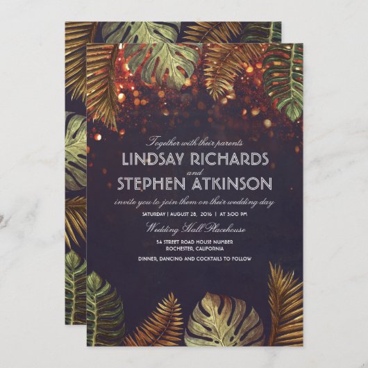 サマーナイトライトエレガントビーチ結婚式 招待状 (正面/裏面)