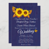 サマーネイビーブルーウッドサンフラワー素朴ズ結婚ズ 招待状 (正面/裏面)