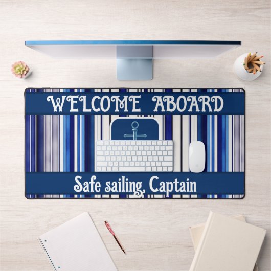 サマーネイビーブルーボートトレンディーストライプコレクション デスクマット (オフィス1)