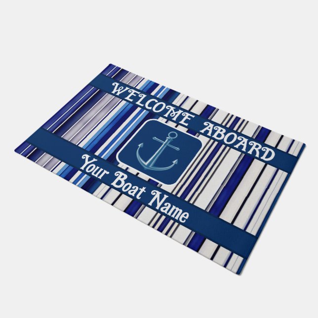 サマーネイビーブルーボートトレンディーストライプコレクション ドアマット (アングル)