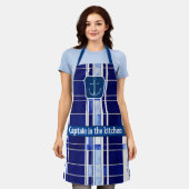 サマーネイビーブルーボートモダンストライプコレクション エプロン (着用した状態)
