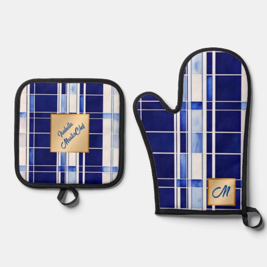 サマーネイビーブルーボートモダンストライプコレクション 鍋つかみ&鍋敷きセット (正面)