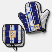 サマーネイビーブルーボートモダンストライプコレクション 鍋つかみ&鍋敷きセット (正面/裏面)