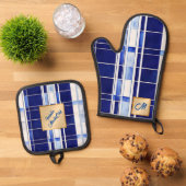 サマーネイビーブルーボートモダンストライプコレクション 鍋つかみ&鍋敷きセット (トップダウン)