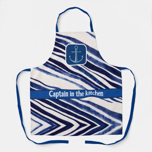 サマーネイビーブルーボート人気があるストライプコレクション エプロン (正面)