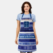 サマーネイビーブルーモダンボートストライプコレクション エプロン (着用した状態)