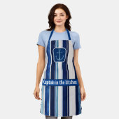 サマーネイビーブルー人気があるボートストライプコレクション エプロン (着用した状態)