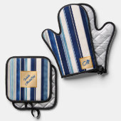 サマーネイビーブルー人気があるボートストライプコレクション 鍋つかみ&鍋敷きセット (正面/裏面)