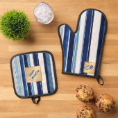 サマーネイビーブルー人気があるボートストライプコレクション 鍋つかみ&鍋敷きセット (トップダウン)