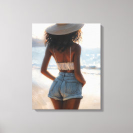 サマーハットを着たビーチの黒人女性 キャンバスプリント