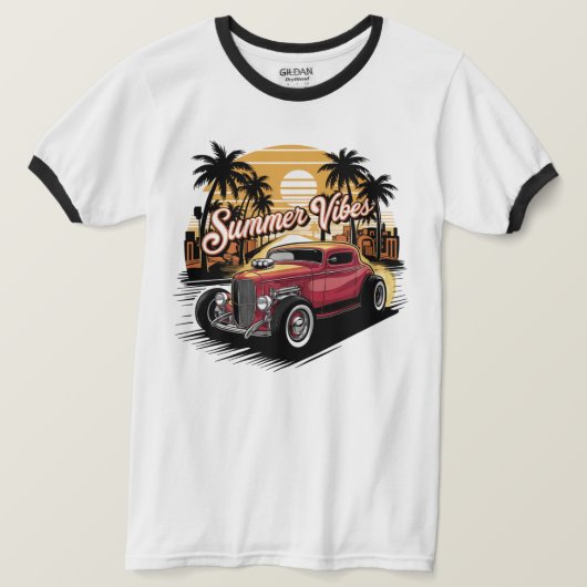 サマーバイブスのクラシックカー Tシャツ (デザイン正面)