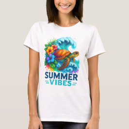 サマーバイブス タートル ウェーブ 花 Tシャツ
