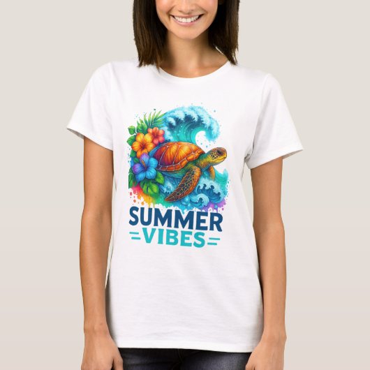 サマーバイブス タートル ウェーブ 花 Tシャツ (正面)