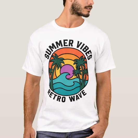 サマーバイブス レトロウェーブ 夕日 ヤシの木 Tシャツ (正面)