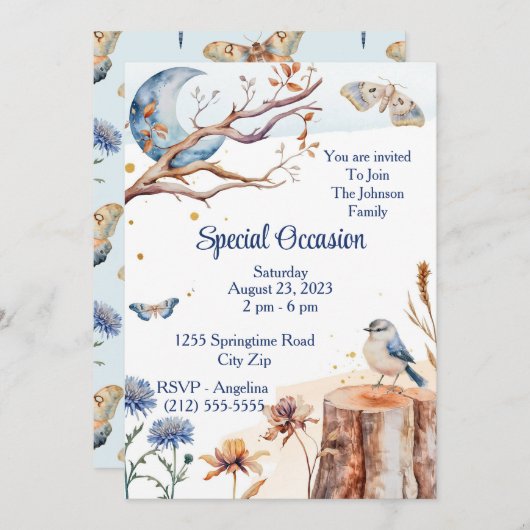 サマーバタフライブルーバードムーンかわいらしフローラ 招待状 (正面/裏面)