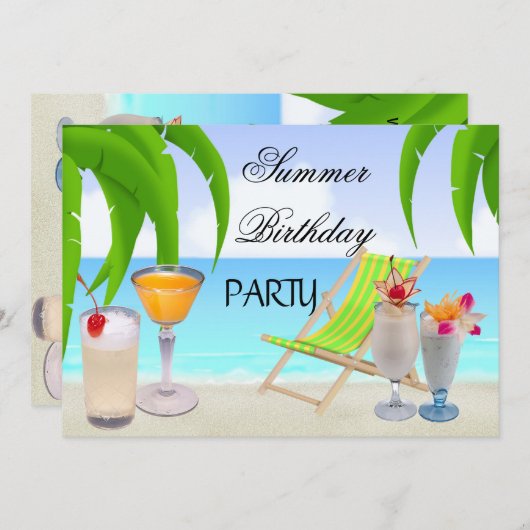 サマーバースデーパーティーカクテルトロピカルビーチ 招待状 (正面/裏面)