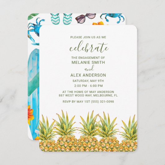 サマーパイナップルアウトドアBBQ婚約パーティ 招待状 (正面/裏面)