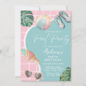 サマーパステルガールプールバースデーパーティーの招待 シーズンカード (正面)