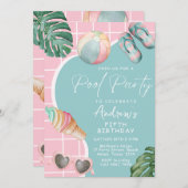 サマーパステルガールプールバースデーパーティーの招待 シーズンカード (正面/裏面)