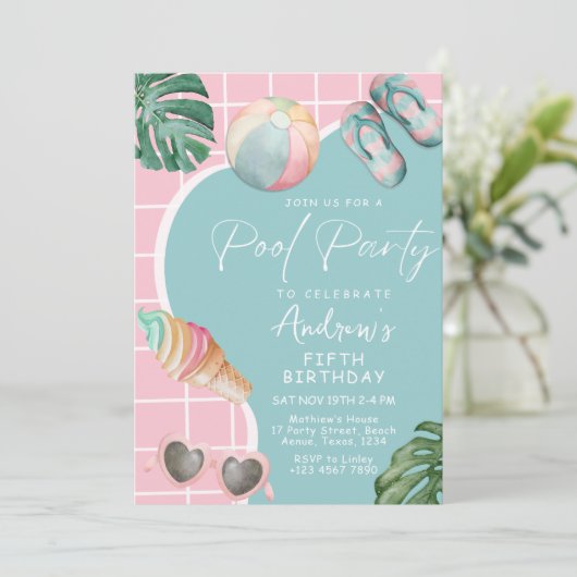 サマーパステルガールプールバースデーパーティーの招待 シーズンカード (スタンド正面)