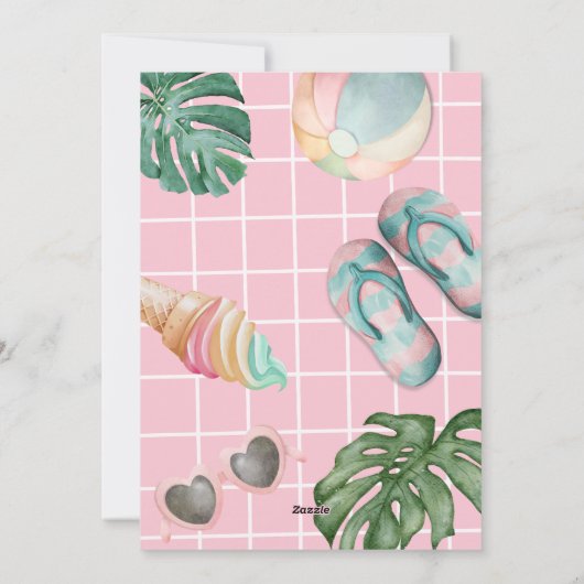 サマーパステルガールプールバースデーパーティーの招待 シーズンカード (裏面)