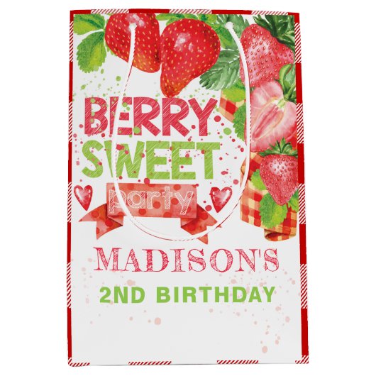 サマーパーソナライズされたストロベリー誕生日 ミディアムペーパーバッグ (正面)