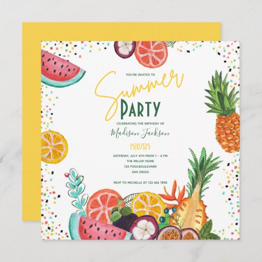 サマーパーティーの黄色のトロピカルフルーツ招待状 招待状 (正面/裏面)