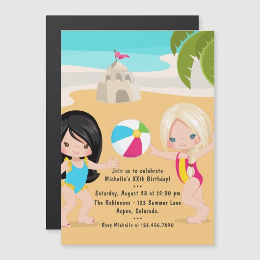 サマービーチガールバースデーパーティー マグネット招待状 (正面/裏面)