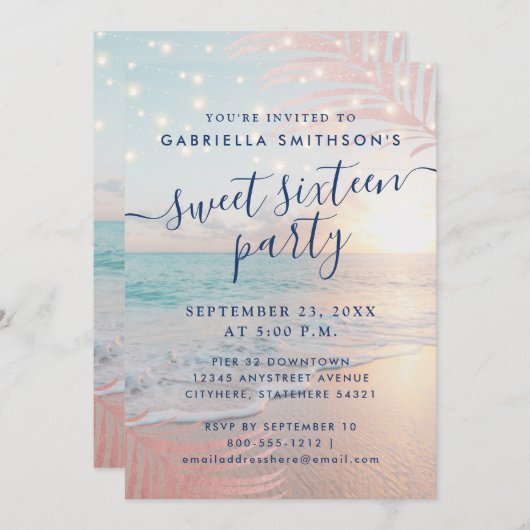 サマービーチストリンガーライツスウィート16誕生日 招待状 (正面/裏面)