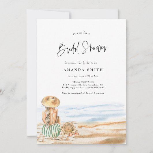 サマービーチトロピカルウォーターカラーブライダルシャワー 招待状 (正面)