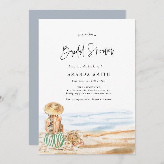 サマービーチトロピカルウォーターカラーブライダルシャワー 招待状 (正面/裏面)