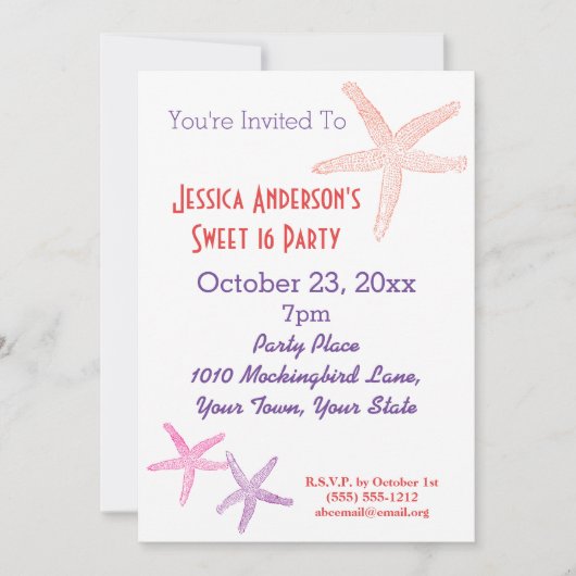 サマービーチトロピカルヒトデ甘い16誕生日 招待状 (正面)