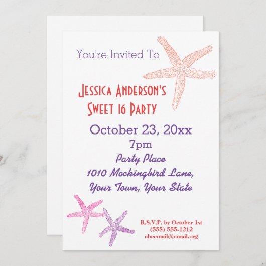サマービーチトロピカルヒトデ甘い16誕生日 招待状 (正面/裏面)