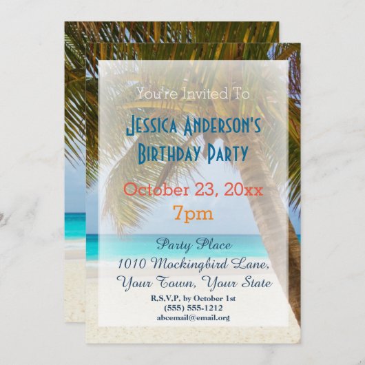 サマービーチパームツリートロピカル誕生日 招待状 (正面/裏面)