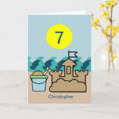 サマービーチブルーペールサンドキャッスル7誕生日 カード (黄色い花)