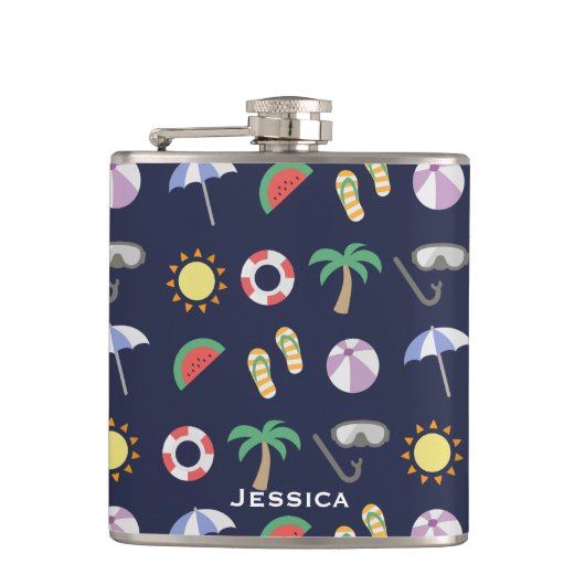 サマービーチホリデーブルーパターパーソナライズされたン フラスク (正面)