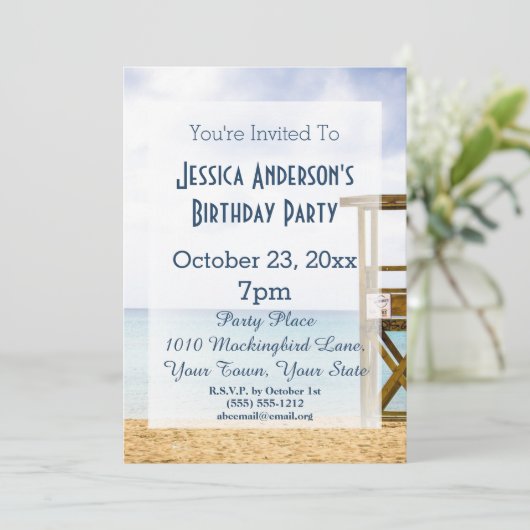 サマービーチライフガードブルー誕生日 招待状 (スタンド正面)