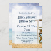 サマービーチライフガードブルー誕生日 招待状 (正面/裏面)