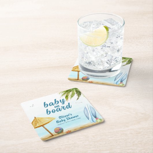 サマービーチ海サーフボードベビーシャワー スクエアペーパーコースター (インサイチュ)