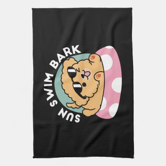 サマービーブスドッグ – サングラスと浮き子犬 キッチンタオル (縦)