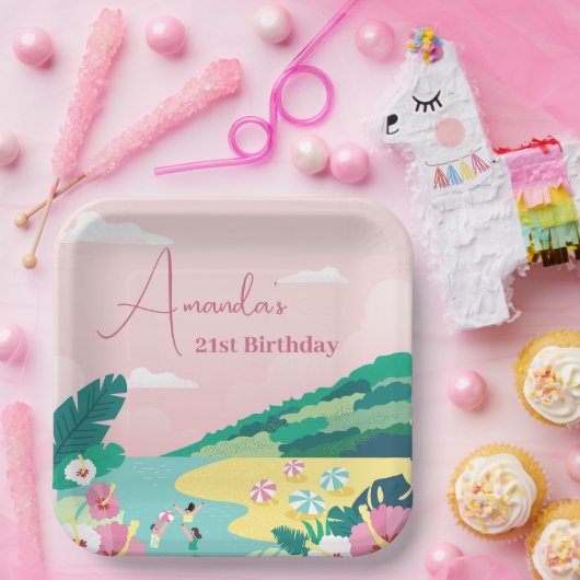 サマービーブトロピカルピンク21歳の誕生日 ペーパープレート (パーティー)