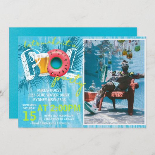 サマービールプールパーティー写真誕生日 招待状 (正面/裏面)