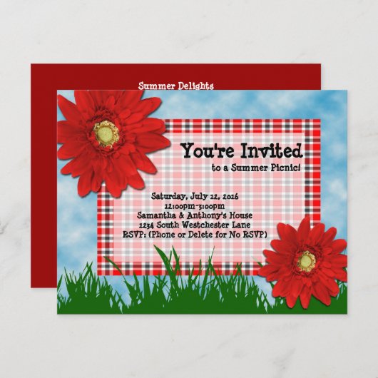 サマーピクニッククックアウト招待状ブライトレッドデイジー 招待状 (正面/裏面)